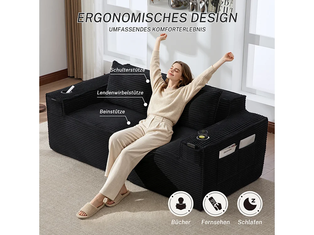 Modulares Sofa 2-Sitzer in Rillensamt mit Taschenfederkern, Schaumstoff, Getränkehalter, Seitentaschen und komfortablem Design