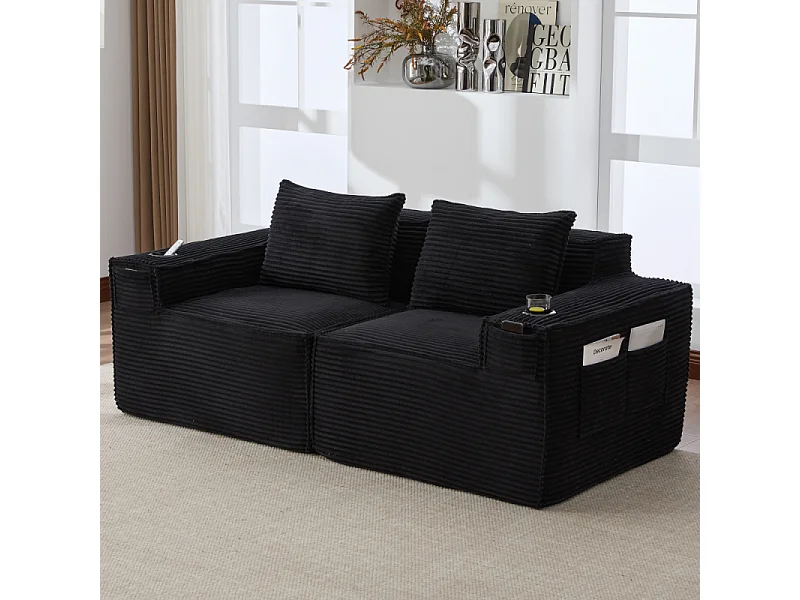 Modulares Sofa 2-Sitzer in Rillensamt mit Taschenfederkern, Schaumstoff, Getränkehalter, Seitentaschen und komfortablem Design