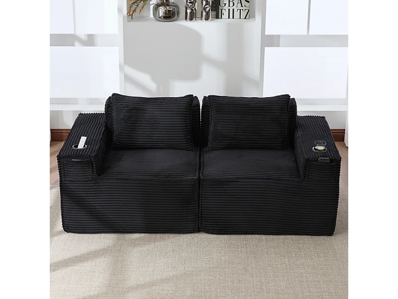 Modulares Sofa 2-Sitzer in Rillensamt mit Taschenfederkern, Schaumstoff, Getränkehalter, Seitentaschen und komfortablem Design