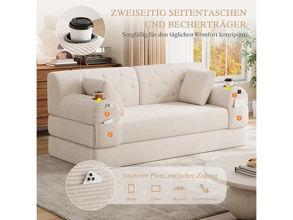 Schlafsofa 2-Sitzer in Rillensamt, hohe Rückenlehne, Metallrahmen, Schlaffunktion und Getränkehalter