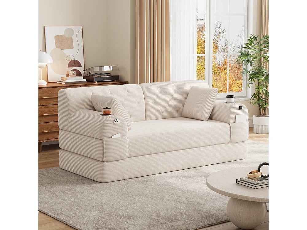 Schlafsofa 2-Sitzer in Rillensamt, hohe Rückenlehne, Metallrahmen, Schlaffunktion und Getränkehalter