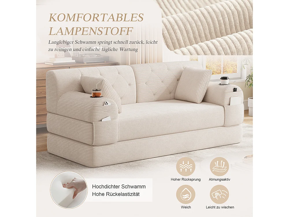 Schlafsofa 2-Sitzer in Rillensamt, hohe Rückenlehne, Metallrahmen, Schlaffunktion und Getränkehalter
