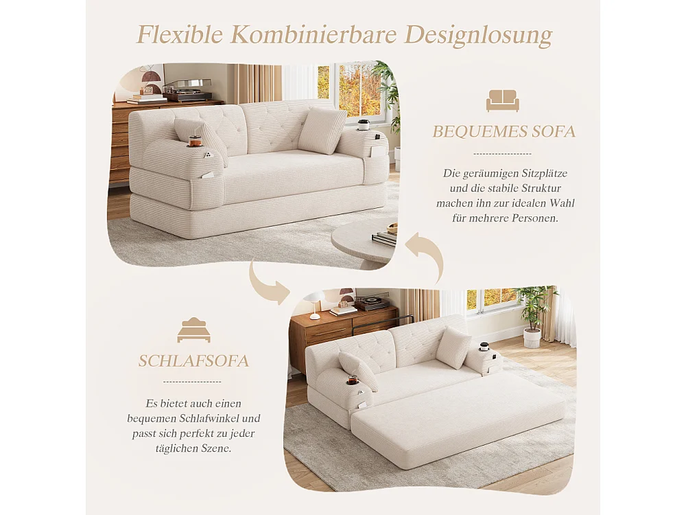 Schlafsofa 2-Sitzer in Rillensamt, hohe Rückenlehne, Metallrahmen, Schlaffunktion und Getränkehalter