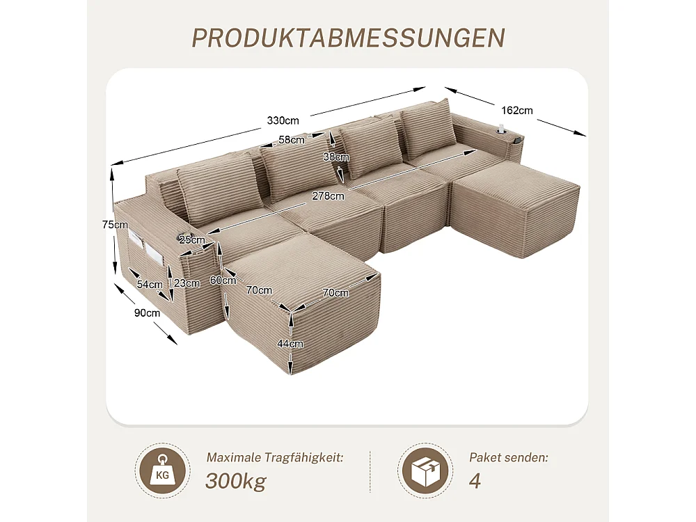 Canapé modulaire 4 places en velours côtelé avec poufs, ressorts ensachés, mousse, porte-gobelets et rangement