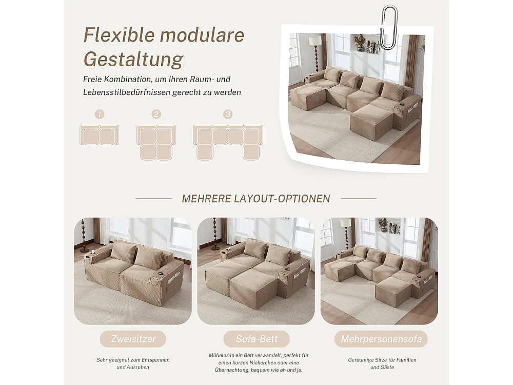 Canapé modulaire 4 places en velours côtelé avec poufs, ressorts ensachés, mousse, porte-gobelets et rangement