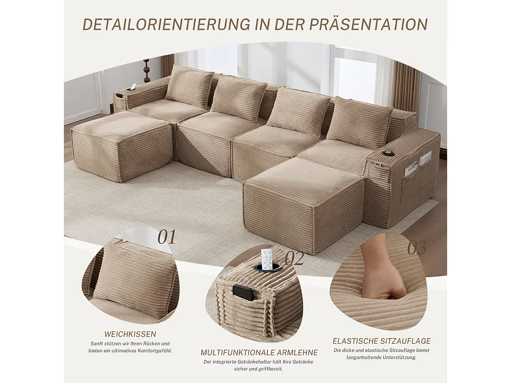 Canapé modulaire 4 places en velours côtelé avec poufs, ressorts ensachés, mousse, porte-gobelets et rangement