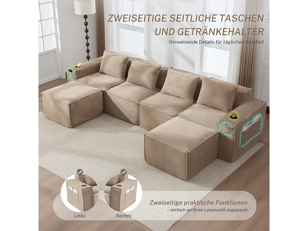 Canapé modulaire 4 places en velours côtelé avec poufs, ressorts ensachés, mousse, porte-gobelets et rangement