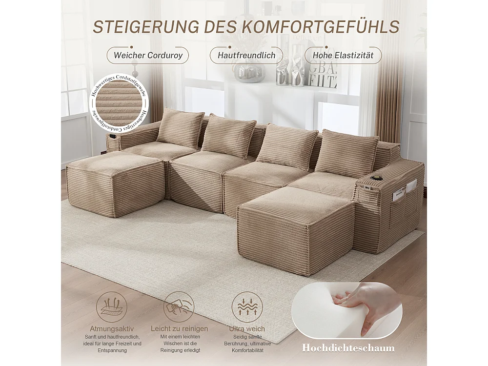 Canapé modulaire 4 places en velours côtelé avec poufs, ressorts ensachés, mousse, porte-gobelets et rangement