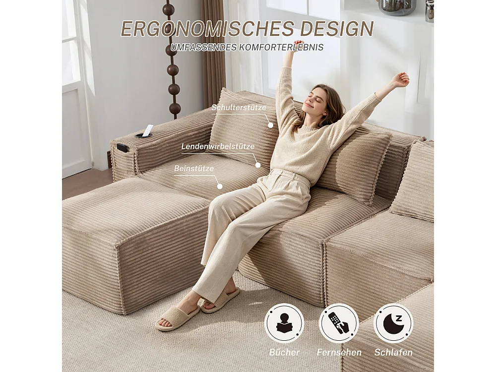 Canapé modulaire 4 places en velours côtelé avec poufs, ressorts ensachés, mousse, porte-gobelets et rangement
