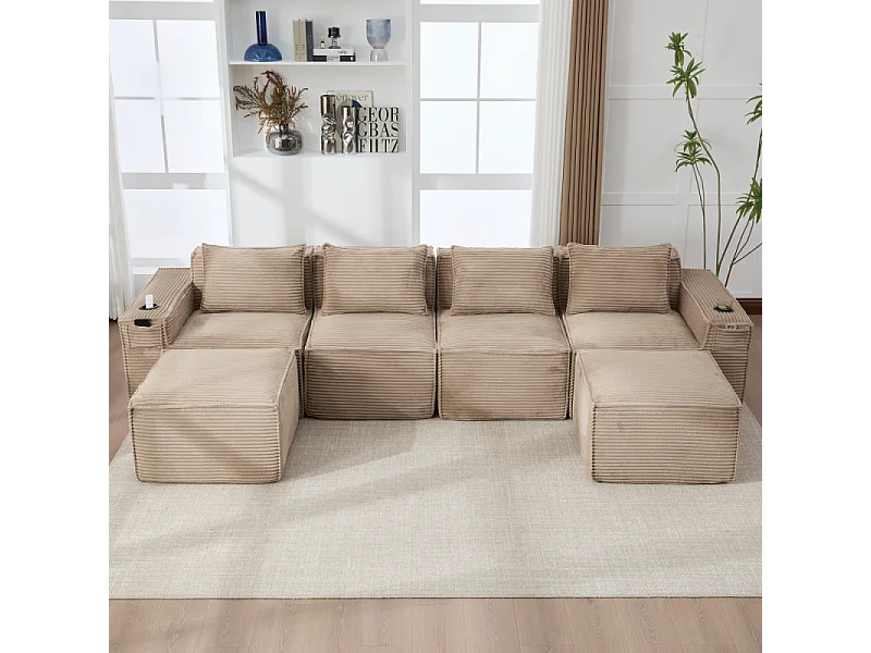 Canapé modulaire 4 places en velours côtelé avec poufs, ressorts ensachés, mousse, porte-gobelets et rangement