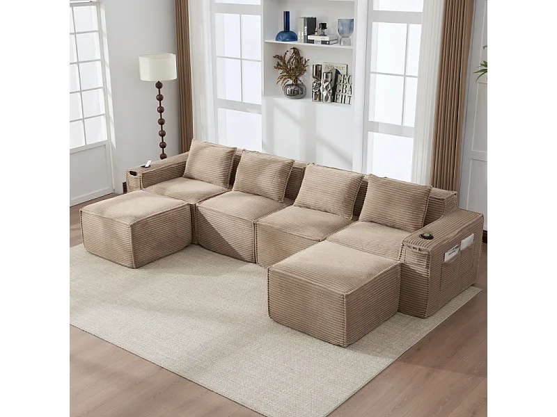 Canapé modulaire 4 places en velours côtelé avec poufs, ressorts ensachés, mousse, porte-gobelets et rangement