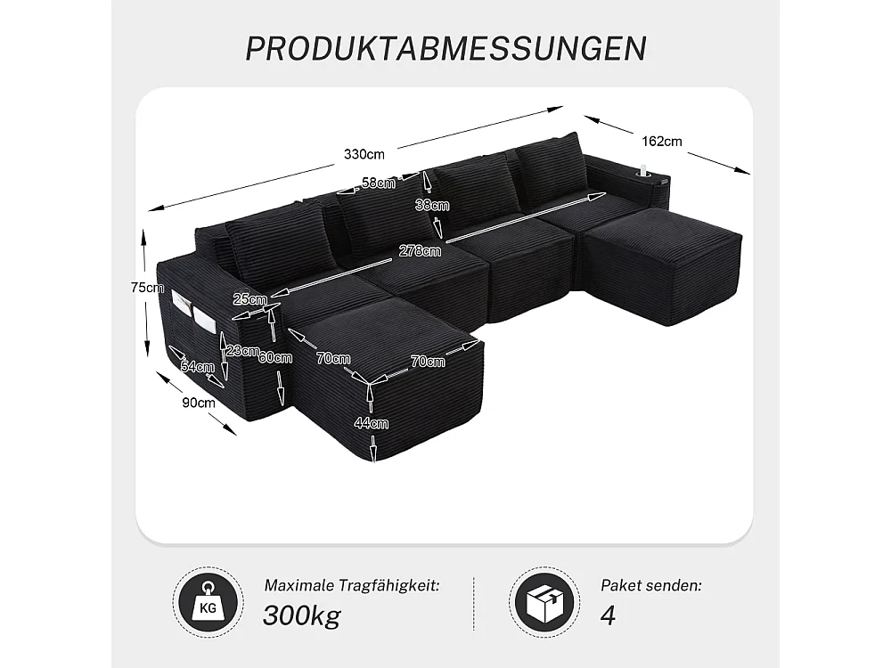 Canapé modulaire 4 places en velours côtelé avec poufs, ressorts ensachés, mousse, porte-gobelets et rangement