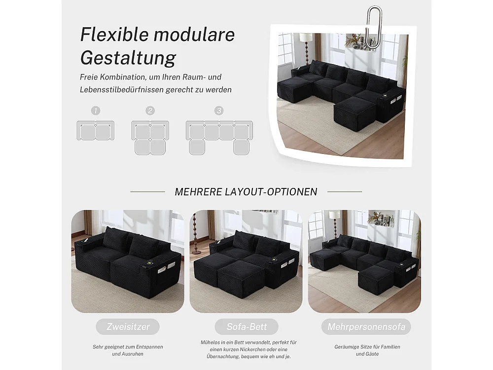 Canapé modulaire 4 places en velours côtelé avec poufs, ressorts ensachés, mousse, porte-gobelets et rangement