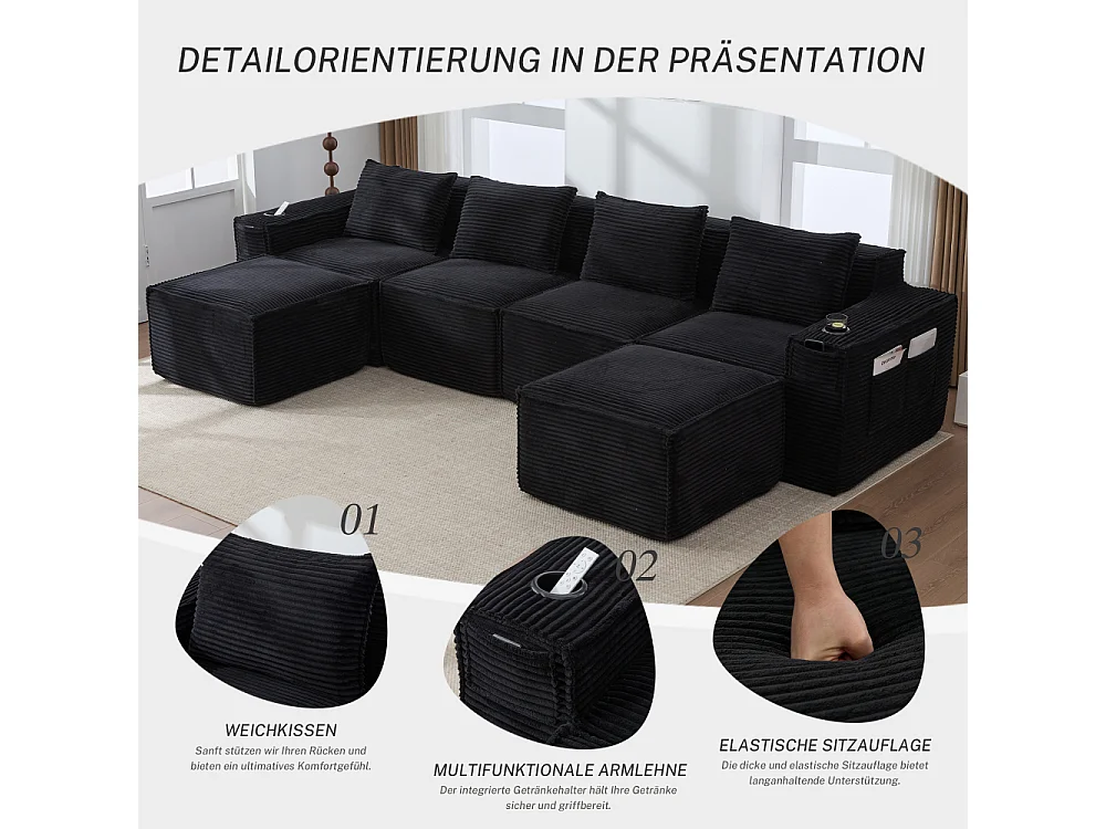 Canapé modulaire 4 places en velours côtelé avec poufs, ressorts ensachés, mousse, porte-gobelets et rangement
