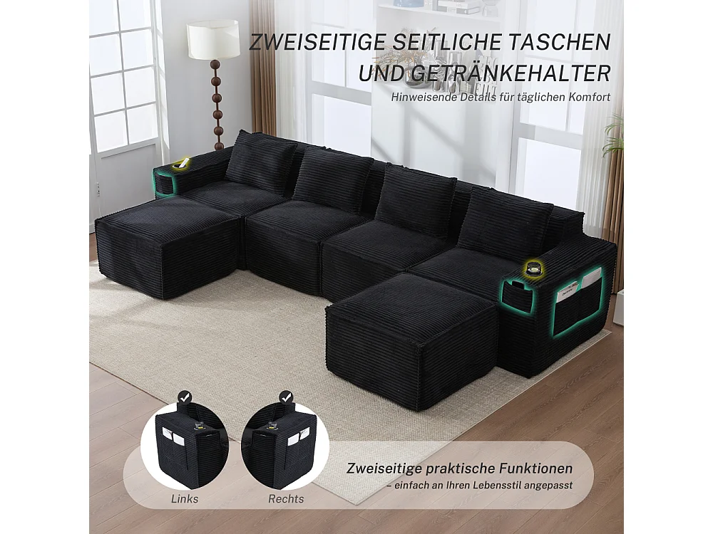 Canapé modulaire 4 places en velours côtelé avec poufs, ressorts ensachés, mousse, porte-gobelets et rangement
