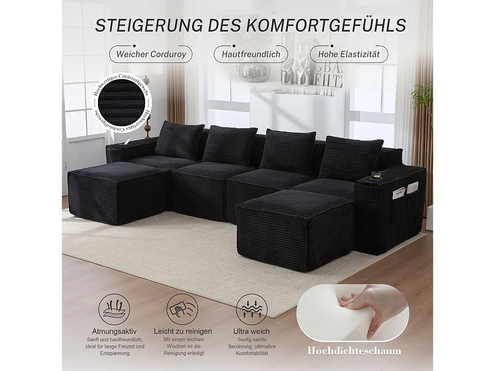 Canapé modulaire 4 places en velours côtelé avec poufs, ressorts ensachés, mousse, porte-gobelets et rangement