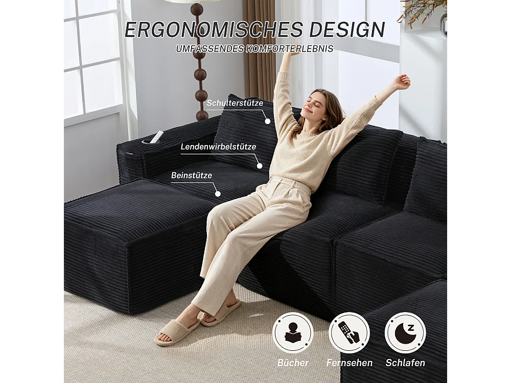 Canapé modulaire 4 places en velours côtelé avec poufs, ressorts ensachés, mousse, porte-gobelets et rangement