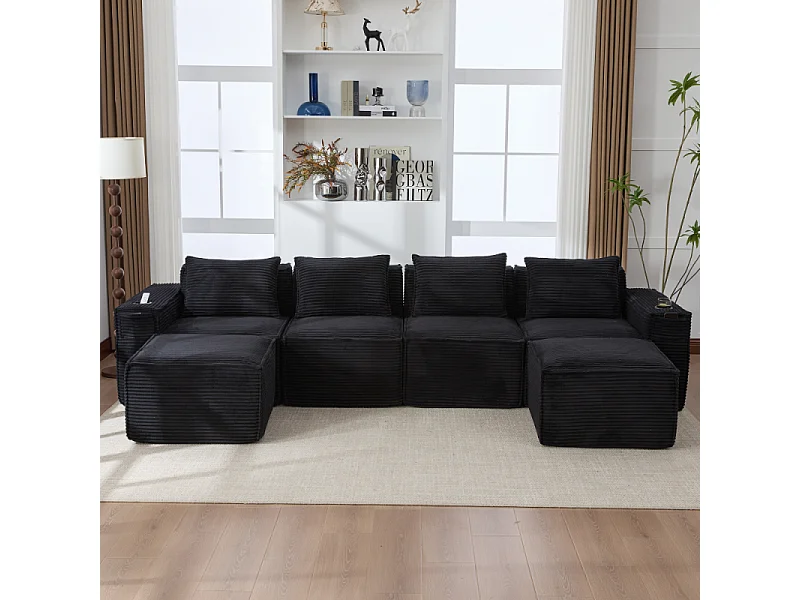 Canapé modulaire 4 places en velours côtelé avec poufs, ressorts ensachés, mousse, porte-gobelets et rangement