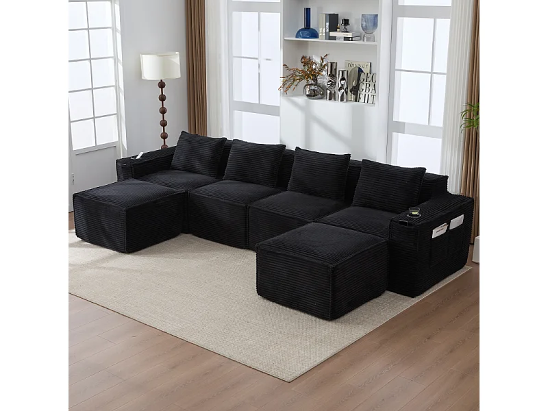 Canapé modulaire 4 places en velours côtelé avec poufs, ressorts ensachés, mousse, porte-gobelets et rangement