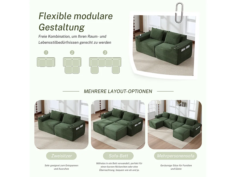 Sofá modular 2 plazas de pana con muelles ensacados, espuma, portavasos, bolsillos laterales y diseño confortable