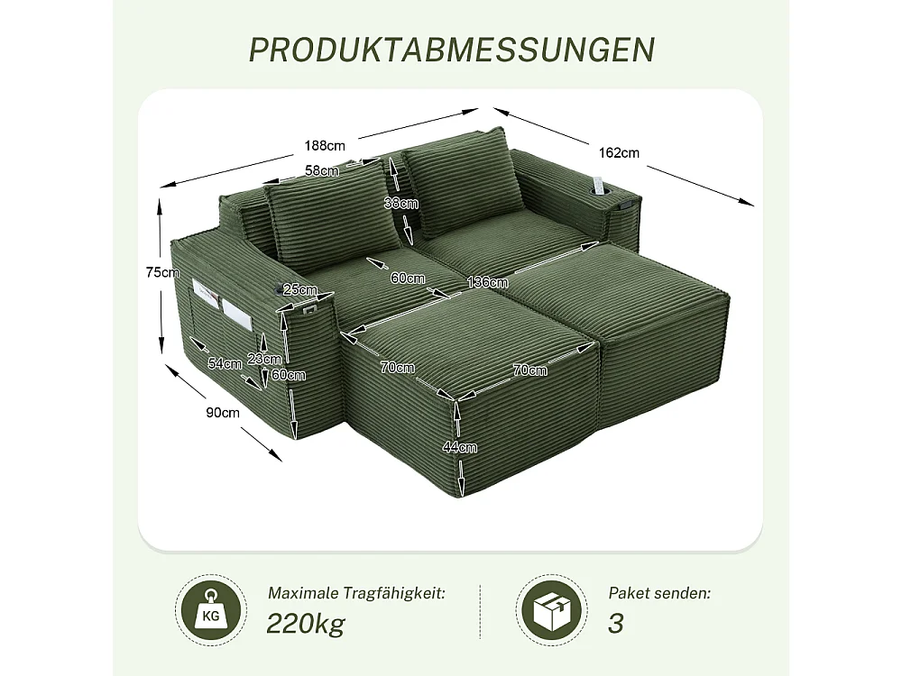 Modulares Sofa 2-Sitzer in Rillensamt mit 2 Poufs, Taschenfederkern, Schaumstoff, Getränkehalter und Stauraum