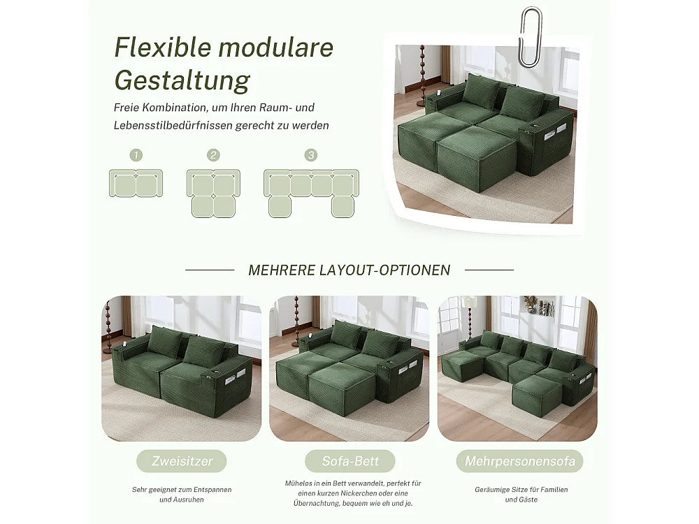 Modulares Sofa 2-Sitzer in Rillensamt mit 2 Poufs, Taschenfederkern, Schaumstoff, Getränkehalter und Stauraum