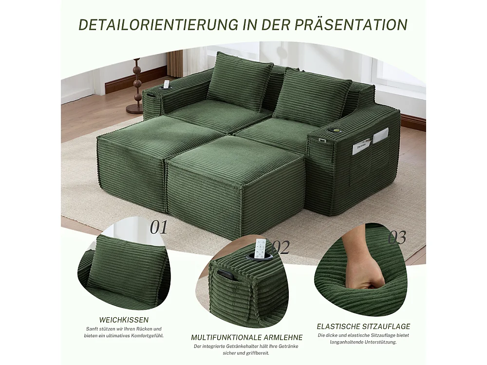 Modulares Sofa 2-Sitzer in Rillensamt mit 2 Poufs, Taschenfederkern, Schaumstoff, Getränkehalter und Stauraum