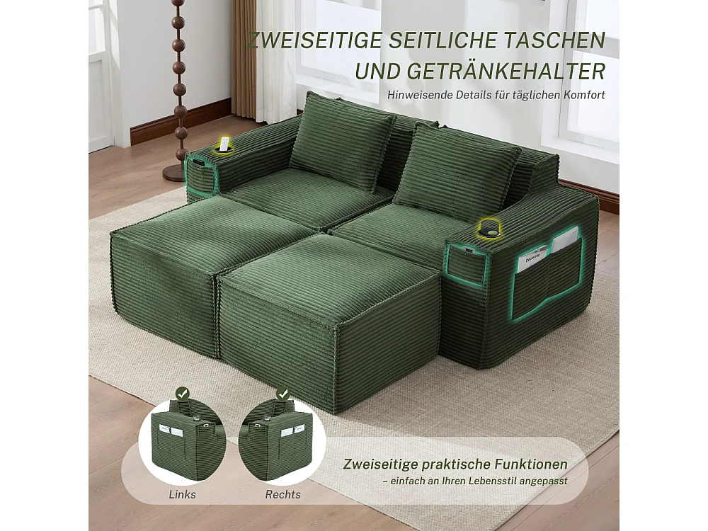 Modulares Sofa 2-Sitzer in Rillensamt mit 2 Poufs, Taschenfederkern, Schaumstoff, Getränkehalter und Stauraum