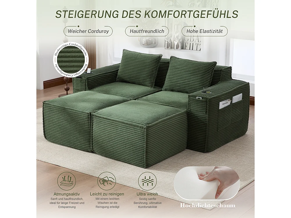 Modulares Sofa 2-Sitzer in Rillensamt mit 2 Poufs, Taschenfederkern, Schaumstoff, Getränkehalter und Stauraum