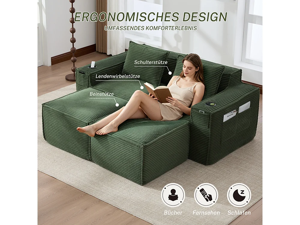 Modulares Sofa 2-Sitzer in Rillensamt mit 2 Poufs, Taschenfederkern, Schaumstoff, Getränkehalter und Stauraum