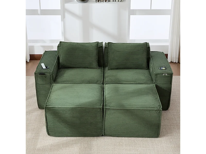 Modulares Sofa 2-Sitzer in Rillensamt mit 2 Poufs, Taschenfederkern, Schaumstoff, Getränkehalter und Stauraum