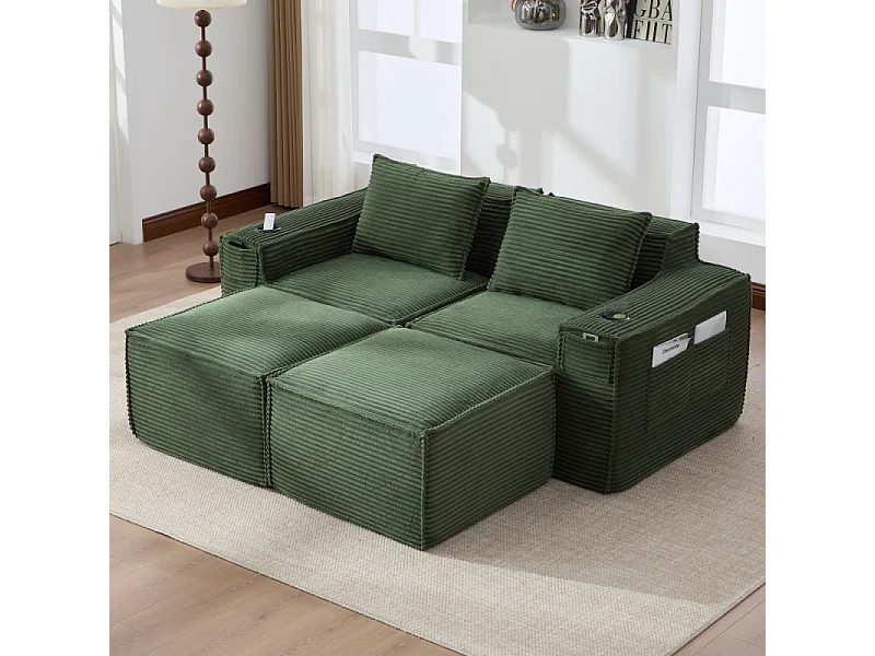 Modulares Sofa 2-Sitzer in Rillensamt mit 2 Poufs, Taschenfederkern, Schaumstoff, Getränkehalter und Stauraum