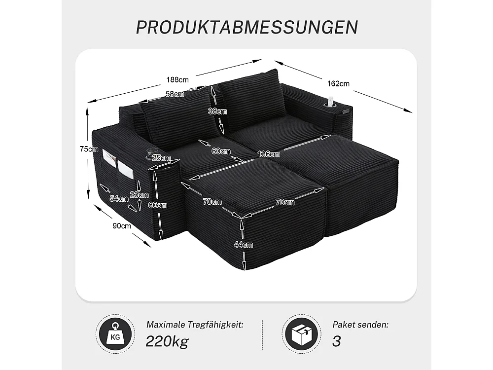 Modulares Sofa 2-Sitzer in Rillensamt mit 2 Poufs, Taschenfederkern, Schaumstoff, Getränkehalter und Stauraum