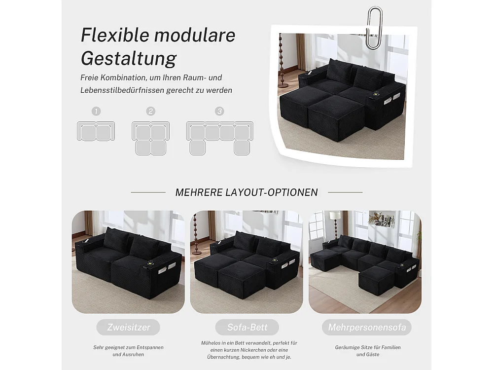 Modulares Sofa 2-Sitzer in Rillensamt mit 2 Poufs, Taschenfederkern, Schaumstoff, Getränkehalter und Stauraum