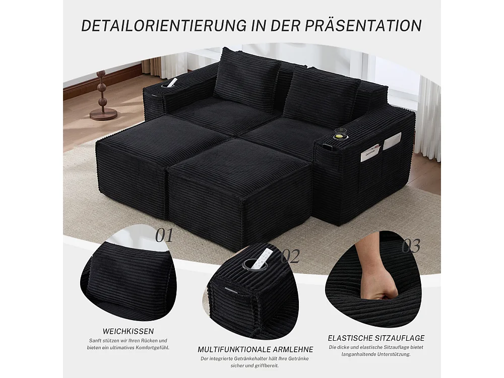 Modulares Sofa 2-Sitzer in Rillensamt mit 2 Poufs, Taschenfederkern, Schaumstoff, Getränkehalter und Stauraum