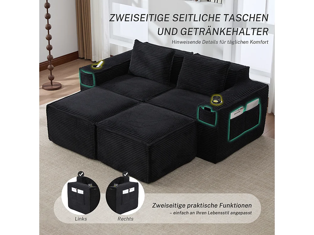Modulares Sofa 2-Sitzer in Rillensamt mit 2 Poufs, Taschenfederkern, Schaumstoff, Getränkehalter und Stauraum