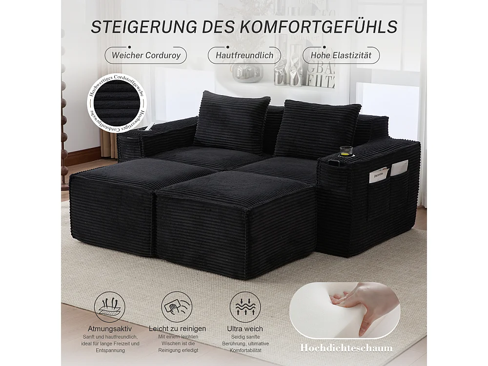 Modulares Sofa 2-Sitzer in Rillensamt mit 2 Poufs, Taschenfederkern, Schaumstoff, Getränkehalter und Stauraum