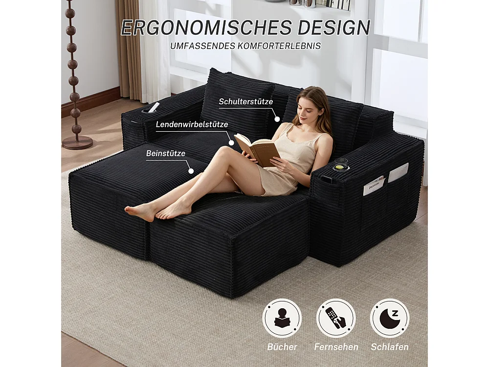 Modulares Sofa 2-Sitzer in Rillensamt mit 2 Poufs, Taschenfederkern, Schaumstoff, Getränkehalter und Stauraum