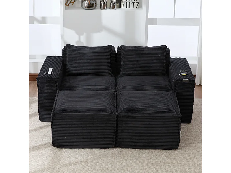 Modulares Sofa 2-Sitzer in Rillensamt mit 2 Poufs, Taschenfederkern, Schaumstoff, Getränkehalter und Stauraum