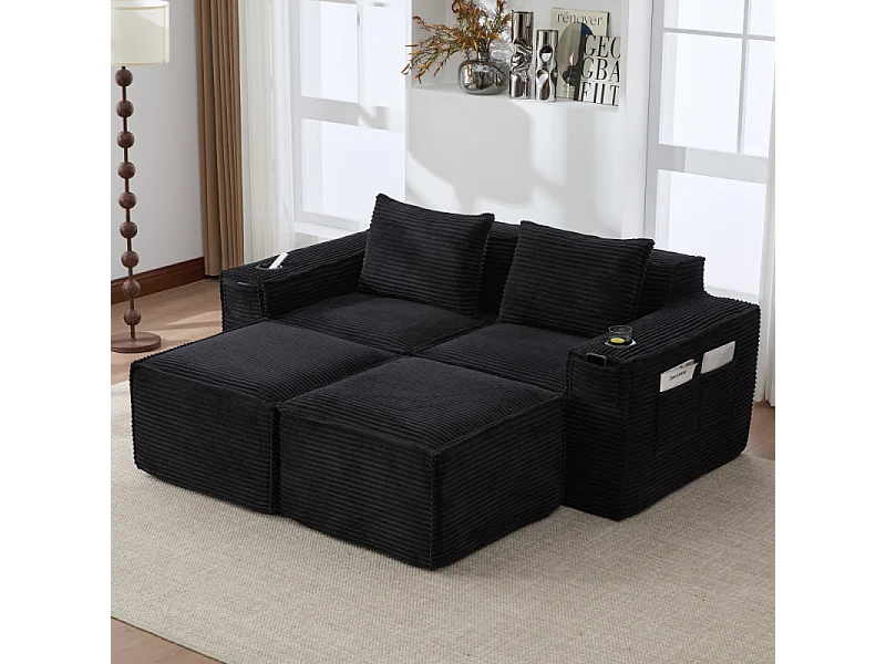 Modulares Sofa 2-Sitzer in Rillensamt mit 2 Poufs, Taschenfederkern, Schaumstoff, Getränkehalter und Stauraum