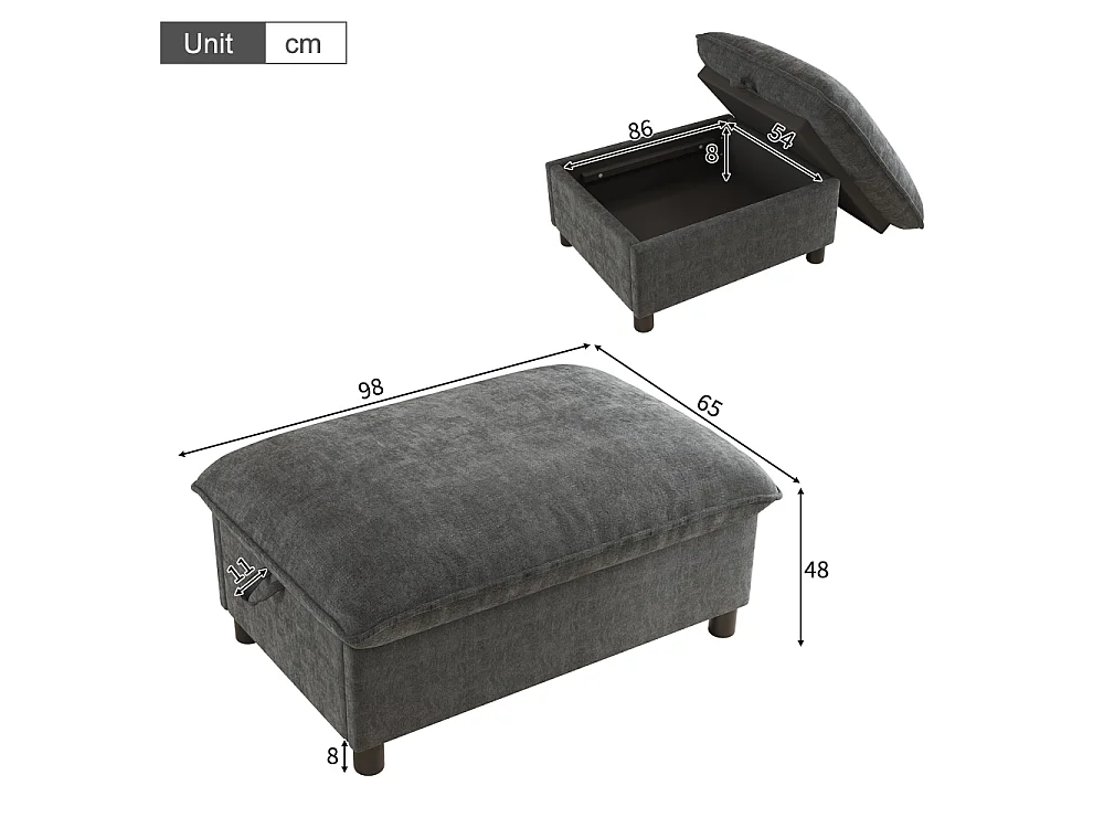 Poefbank met opbergruimte in chenille 98x65x48 cm, multifunctionele gevoerde voetenbank met comfortabele zitting en 8 cm poten