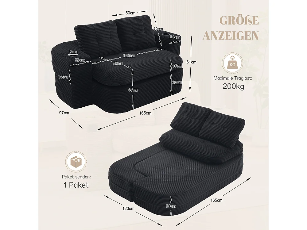 2-Sitzer-Sofabett aus Cord mit Relaxfunktion, verstellbaren Armlehnen und Getränkehaltern