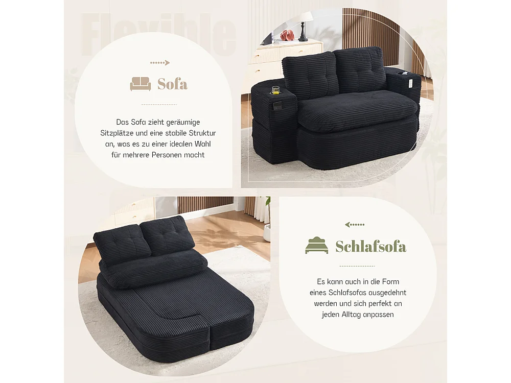 2-Sitzer-Sofabett aus Cord mit Relaxfunktion, verstellbaren Armlehnen und Getränkehaltern