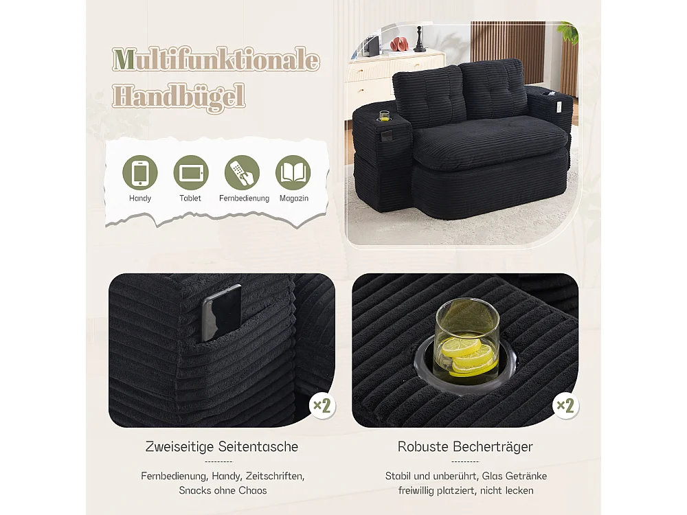 2-Sitzer-Sofabett aus Cord mit Relaxfunktion, verstellbaren Armlehnen und Getränkehaltern