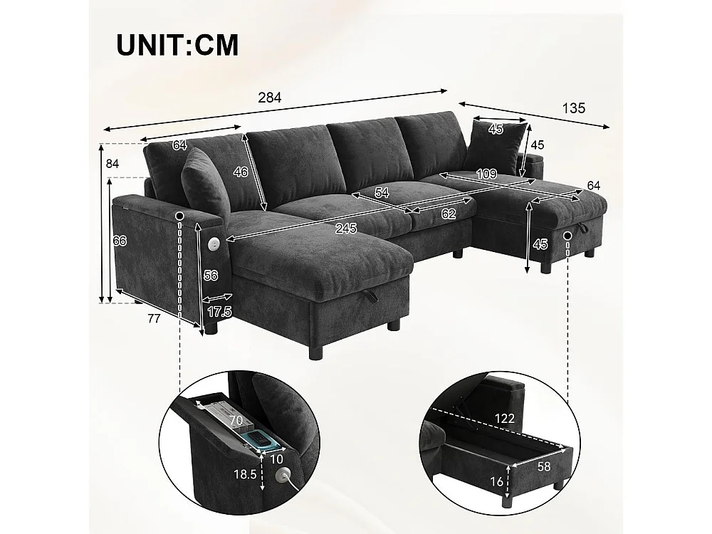 Canapé U en Chenille Moderne avec Méridiennes Coffre, USB et Type-C pour Salon Confortable