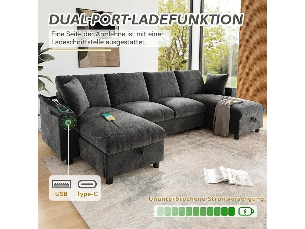 Canapé U en Chenille Moderne avec Méridiennes Coffre, USB et Type-C pour Salon Confortable