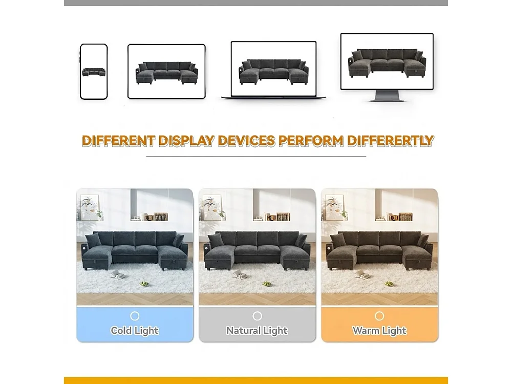 Canapé U en Chenille Moderne avec Méridiennes Coffre, USB et Type-C pour Salon Confortable