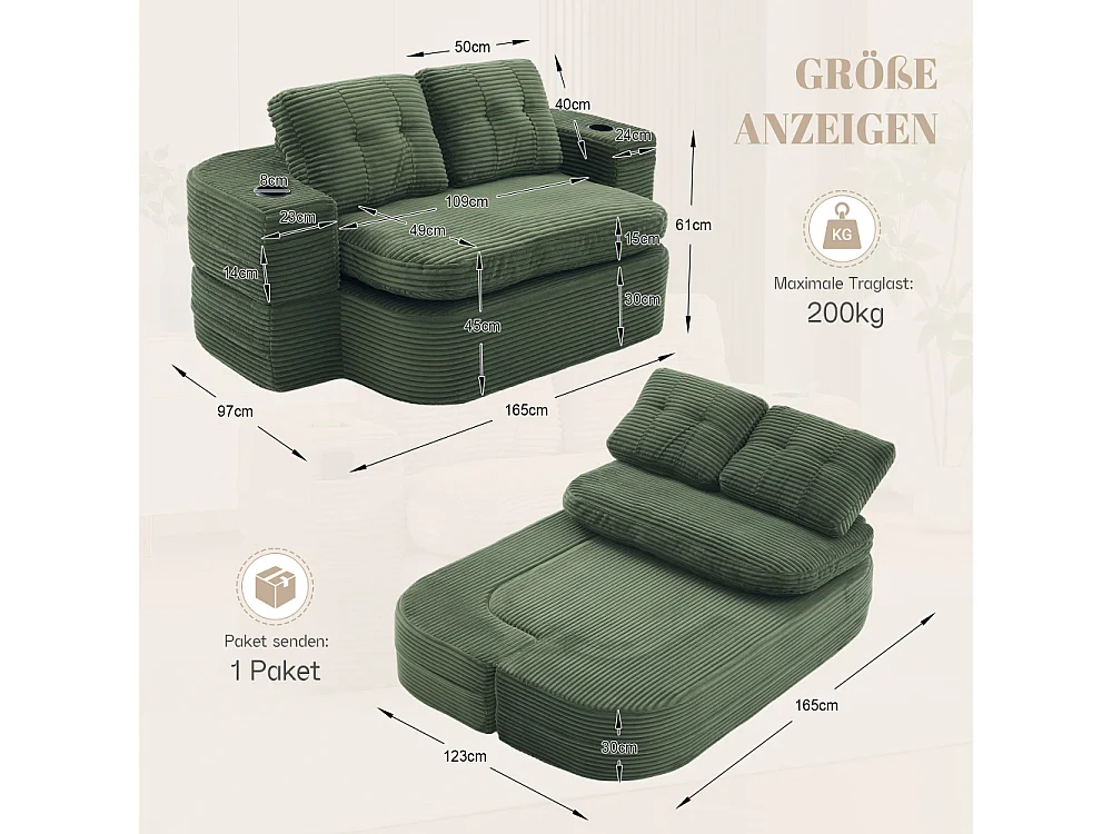 2-Sitzer-Sofabett aus Cord mit Relaxfunktion, verstellbaren Armlehnen und Getränkehaltern