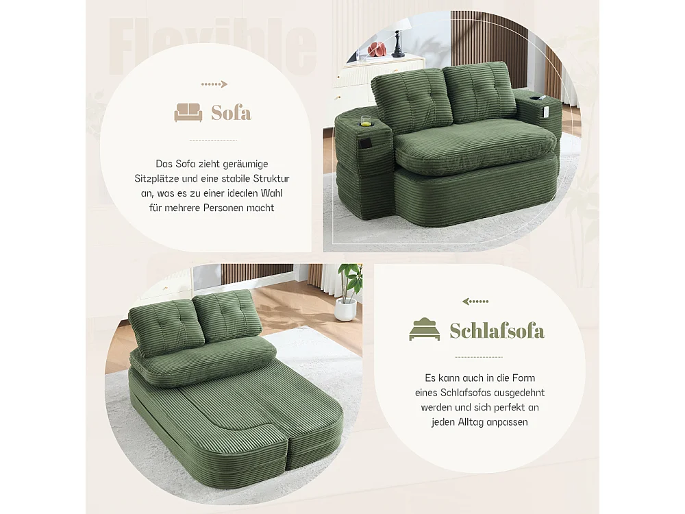2-Sitzer-Sofabett aus Cord mit Relaxfunktion, verstellbaren Armlehnen und Getränkehaltern