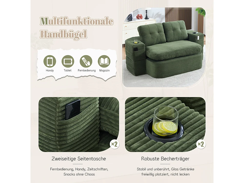 2-Sitzer-Sofabett aus Cord mit Relaxfunktion, verstellbaren Armlehnen und Getränkehaltern